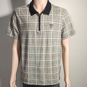Guess Men's Checkered Polo Shirt - Black and Tan